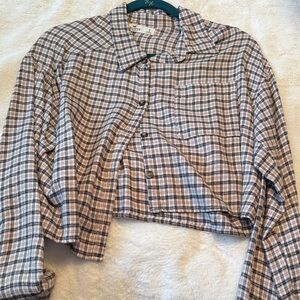 Hollister Tan and White Flannel Cropped Shirt